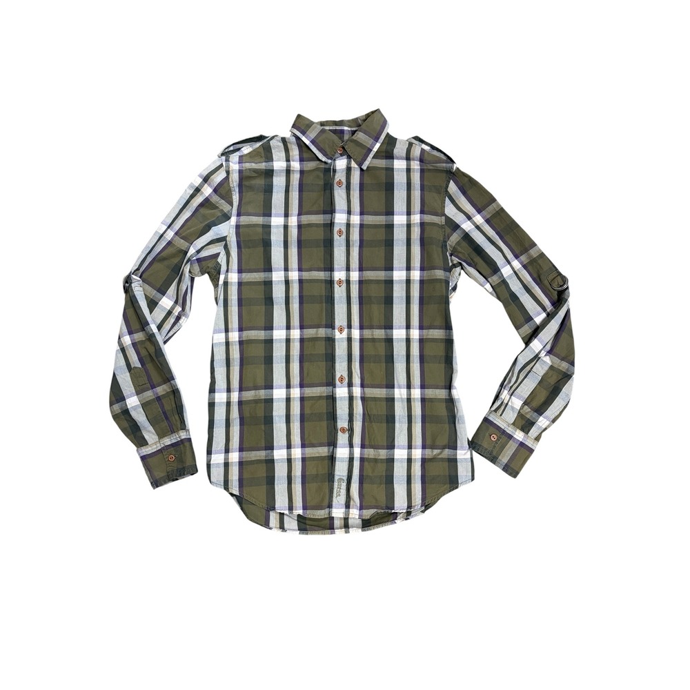 Guess Mens Vintage Y2K Plaid Button Up Shirt Olive Green Purple Epaulets Small